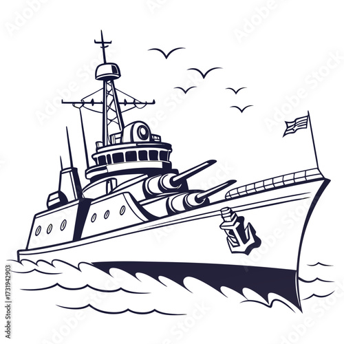 A stylized navy warship with large guns sails through the ocean waves under a sky with flying birds and an american flag