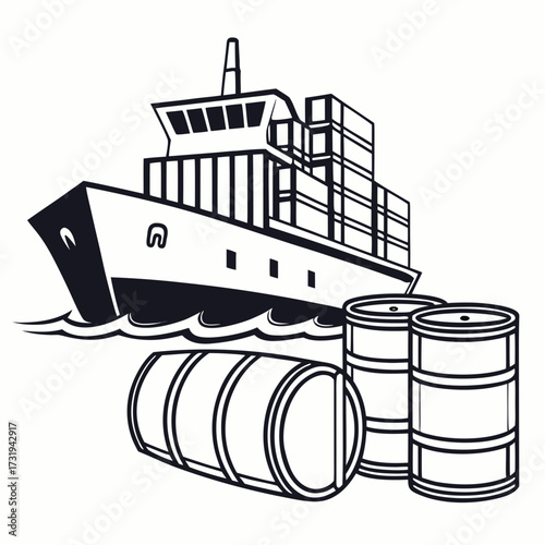 Cargo ship transporting stacked containers and barrels across the ocean waves in a stylized illustration