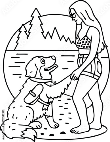 Woman and Bernese Mountain Dog Outline Art in Circular Frame with Lake Mountain