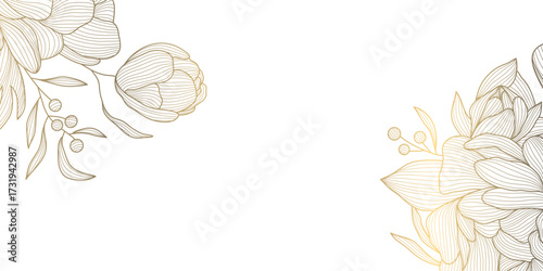 Elegant floral vector background, golden line pattern, peonies and leaves, Asian decorative art style. Luxury wedding invitation, modern card, oriental wallpaper, vintage botanical