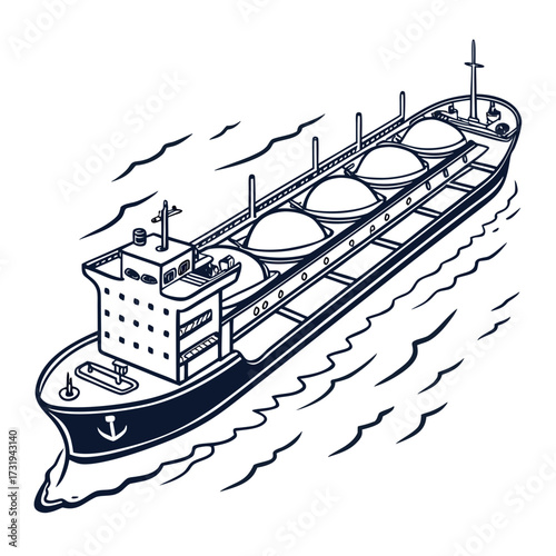 Illustration of a large cargo ship with a dark hull and white superstructure sailing on wavy blue water