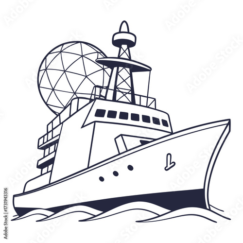 Modern research vessel with a large geodesic dome radar antenna sailing on wavy ocean waters