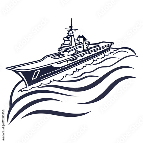 Modern naval warship sailing through stylized ocean waves with a clean graphic design style