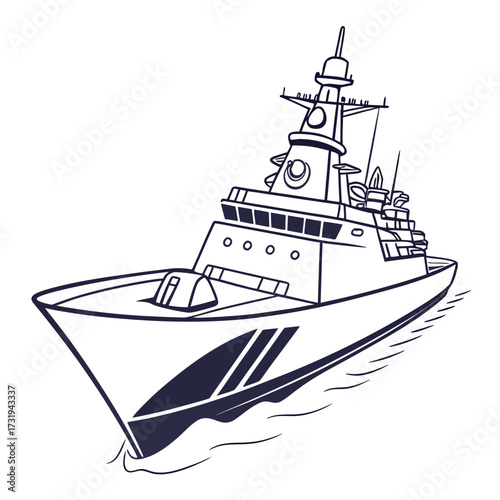 Modern warship on the ocean with a sleek design and advanced military technology depicted in a simple line art style