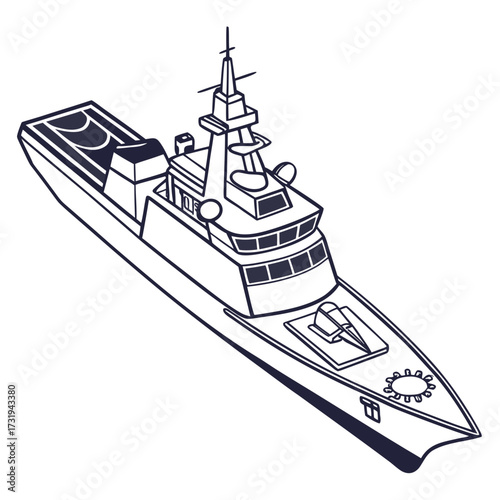 Modern warship outline illustration with a sleek design and prominent bridge and deck structures