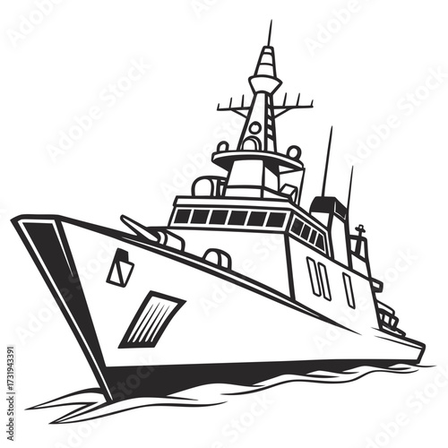 Modern warship sailing on the ocean with a sleek design and advanced weaponry illustration