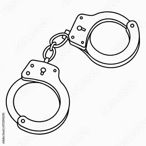 Simple black and white line art illustration of a pair of metal handcuffs on a white background