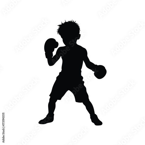 Silhouette of a Boy Boxer Practicing Punches and Stance, Isolated on White, youth boxer in gloves silhouette vector illustration