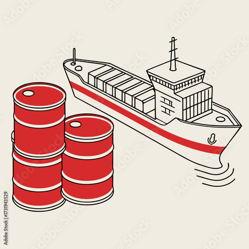 Red oil barrels stacked next to a cargo ship at sea representing global trade and industry