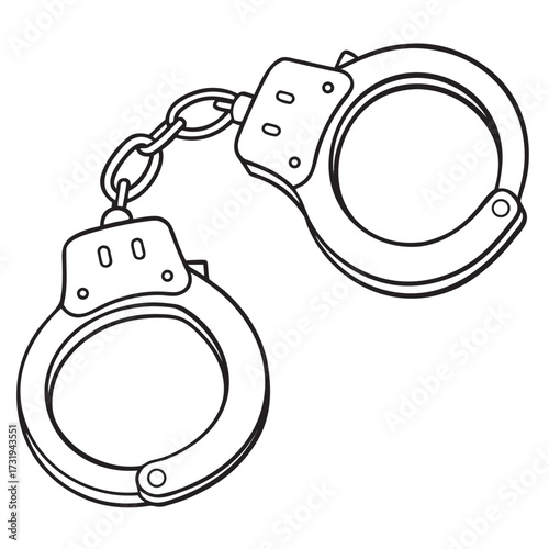 Simple line drawing of metal handcuffs connected by a chain on a white background