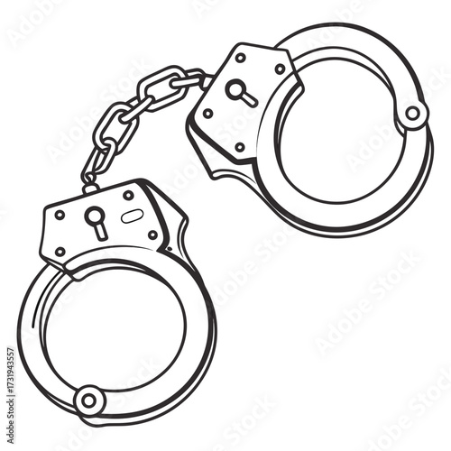 Simple black and white line drawing illustration of a pair of metal handcuffs connected by a chain against a white background