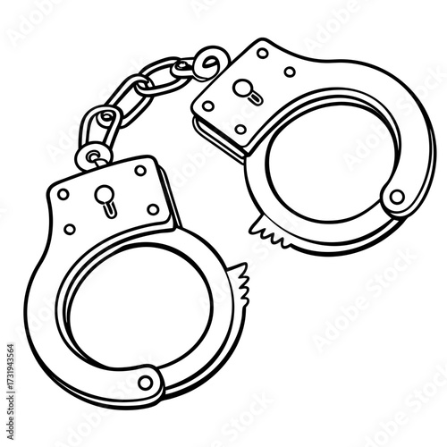 Simple black and white line drawing illustration of a pair of metal handcuffs with a connecting chain on a white background