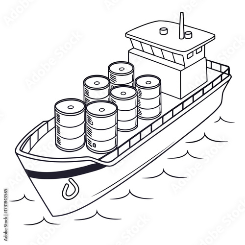 Stylized black and white illustration of a cargo ship transporting large barrels across the sea