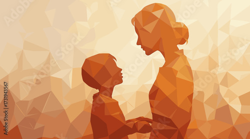 A tender moment between a mother and her child in orange geometric style