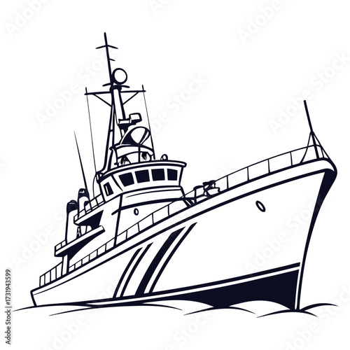 Stylized black and white illustration of a modern patrol boat sailing on wavy water