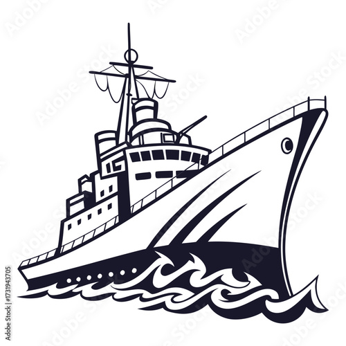 Stylized black and white illustration of a powerful warship sailing through choppy waves on a clear day