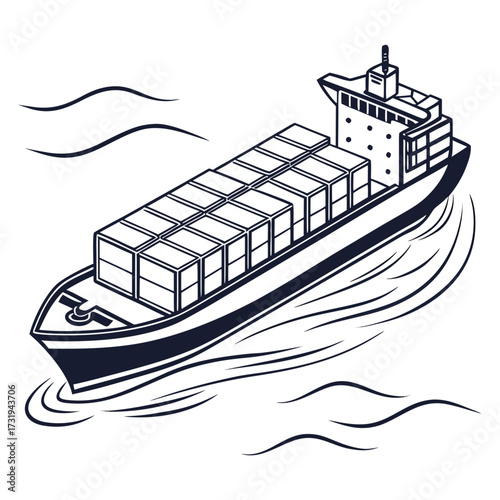 Stylized illustration of a cargo ship loaded with containers sailing through wavy water