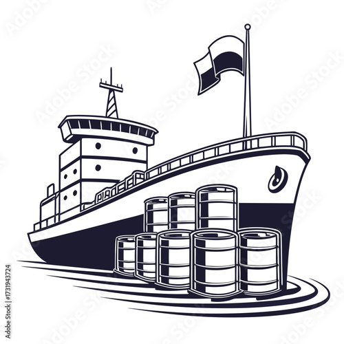 Stylized illustration of a cargo ship carrying barrels of oil or other goods with a flag waving