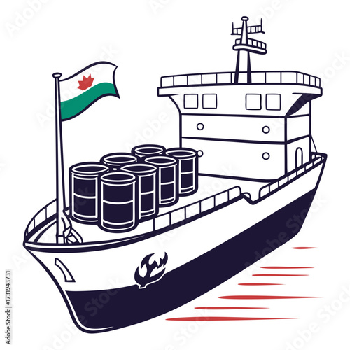 Stylized illustration of a cargo ship carrying barrels and flying a flag with a red maple leaf and green and white stripes