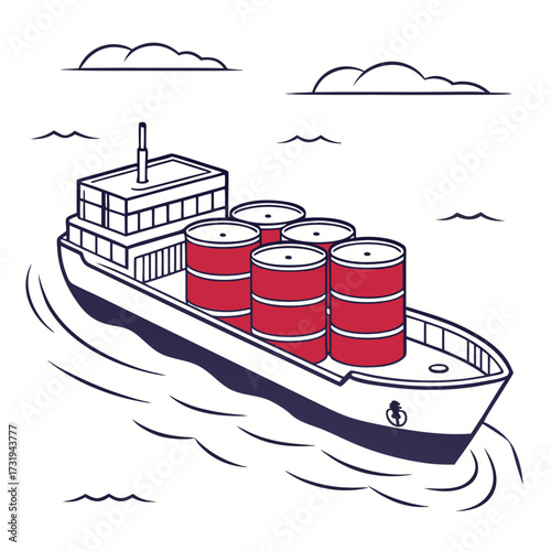 Stylized illustration of a cargo ship transporting large red barrels across the ocean under a cloudy sky