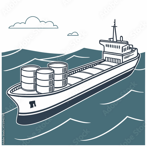Stylized illustration of a cargo ship with barrels on deck sailing on wavy blue ocean water under a cloudy sky
