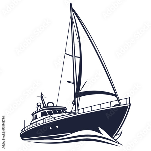 Stylized illustration of a dark blue sailboat with white sails cutting through stylized blue waves on a white background
