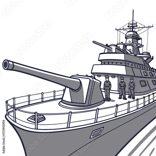 Stylized illustration of a large warship with a prominent gun turret and crew members standing on deck