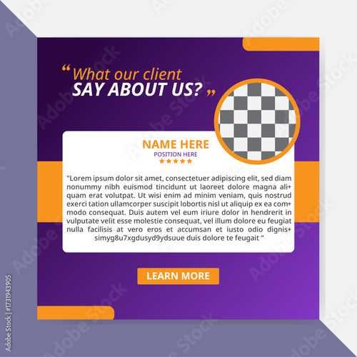Modern client testimonial social media post design template. Professional customer feedback and review layout with quote design. Creative square testimonial template for business branding, marketing, 