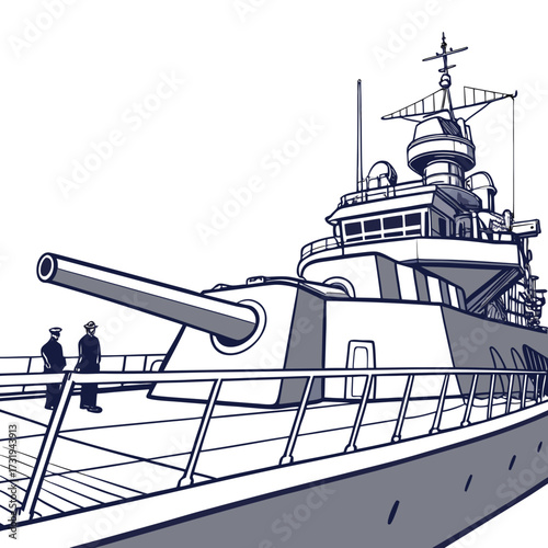 Stylized illustration of a large warship with two sailors standing on deck near a massive gun turret