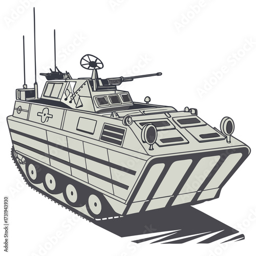 Stylized illustration of a light armored personnel carrier vehicle with a turret mounted gun and tracks