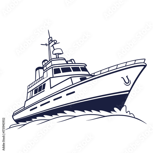 Stylized illustration of a modern luxury yacht sailing through blue ocean waves with a white background