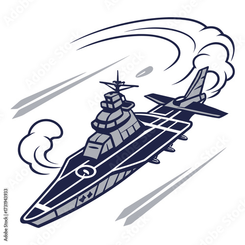 Stylized illustration of a modern aircraft carrier with a jet taking off and smoke trails