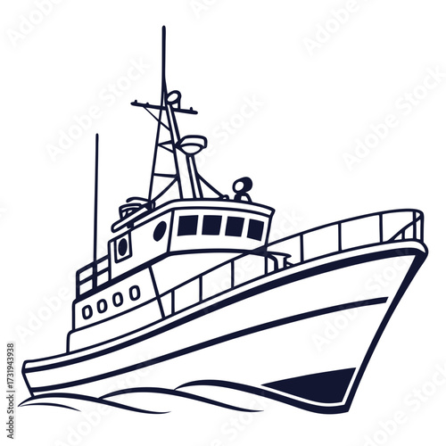 Stylized illustration of a modern fishing trawler boat sailing on blue ocean waves in a simple graphic design