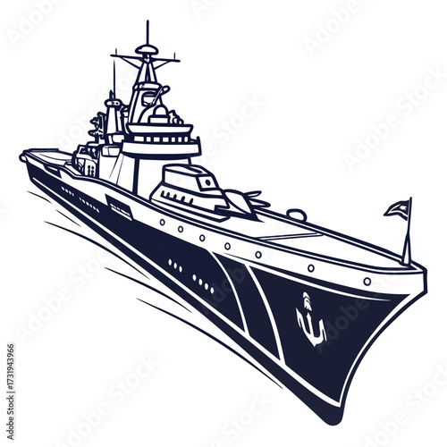 Stylized illustration of a modern warship with an anchor on the bow and a flag flying at the stern