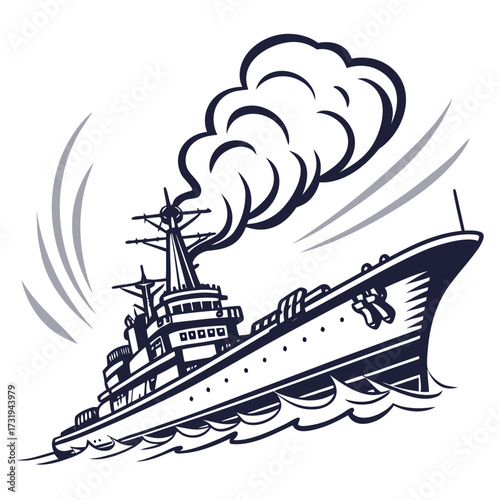 Stylized illustration of a powerful warship sailing through choppy waters emitting a large plume of smoke