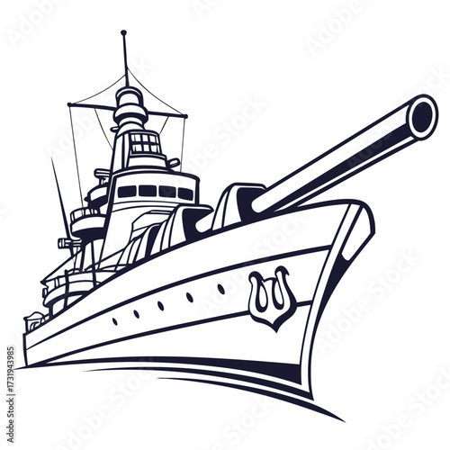 Stylized illustration of a powerful warship with a prominent cannon aimed forward on a white background