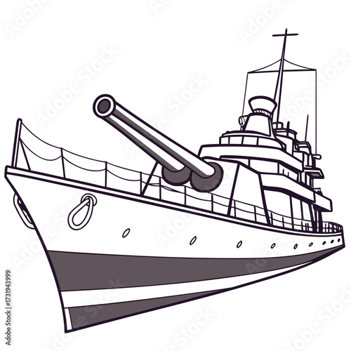 Stylized illustration of a powerful warship with large cannons ready for action on the open sea
