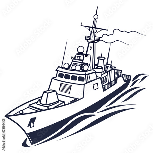 Stylized line art illustration of a modern warship cruising through dark blue waves on a white background