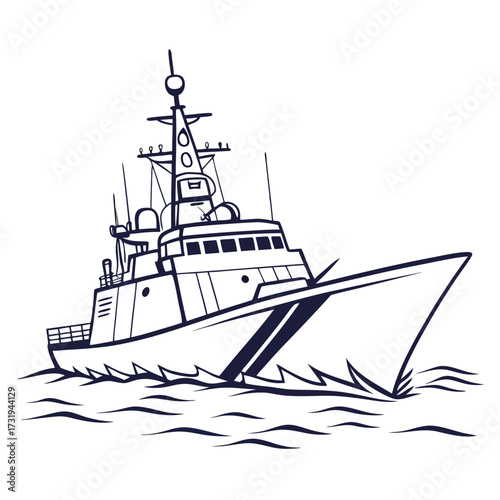 Stylized outline drawing of a modern navy patrol boat or coast guard vessel sailing through choppy blue waters