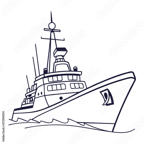 Stylized line drawing of a modern luxury yacht sailing through gentle waves on a white background