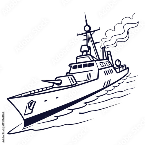Stylized line art illustration of a modern warship sailing through wavy water with smoke emitting from its stack