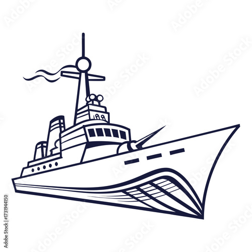 Stylized navy blue outline drawing of a modern warship with a prominent gun and flag on a white background