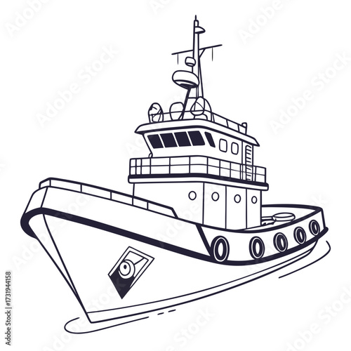 Stylized outline drawing of a modern tugboat sailing on the water with a white background