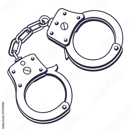 Stylized outline drawing of metal handcuffs connected by a chain on a white background