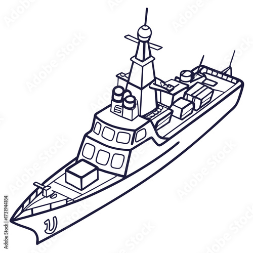 Stylized outline illustration of a modern warship with a sleek hull and prominent superstructure on a white background