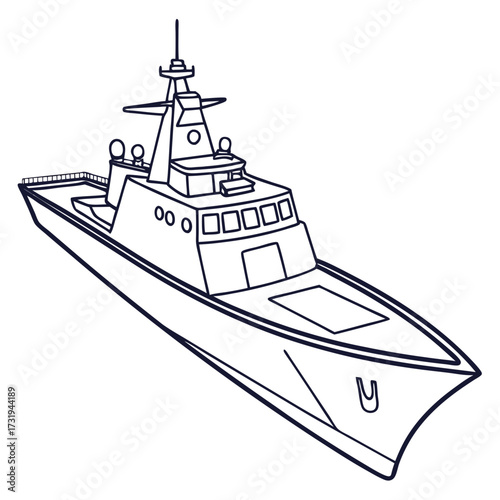 Stylized outline illustration of a modern warship or destroyer vessel with a sleek hull and prominent superstructure