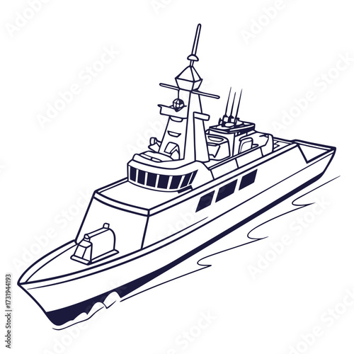 Stylized outline illustration of a modern warship with radar and cannons sailing on the water