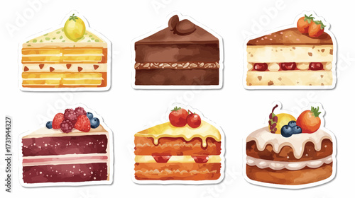 A collection of six watercolor cake slice illustrations with various toppings and fillings.