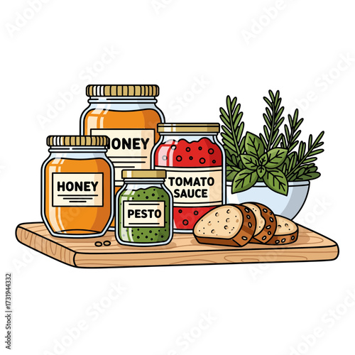 Assortment of Honey, Pesto, Tomato Sauce, and Bread on a Cutting Board