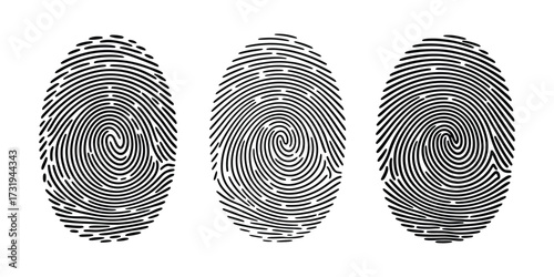 Set of three black fingerprint scans with unique biometric patterns isolated on transparent background for digital identity security authentication forensic investigation and personal identification